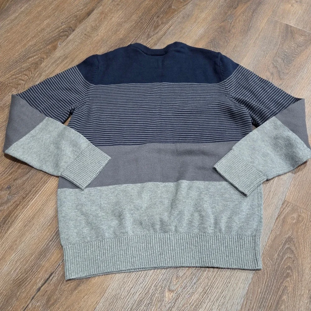 The Childrens Place Boys Navy Blue Grey Striped Colorblock Cotton Sweater 7/8 M
